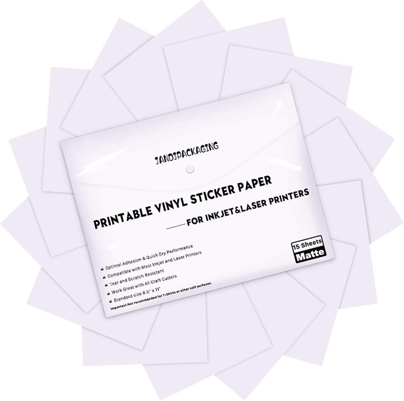 JANDJPACKAGING Printable Vinyl Sticker Paper - Waterproof Printable Vinyl for Laser & Inkjet Printer 15 Self-Adhesive Sheets - Matte White - Standard Letter Size 8.5"x11" - Image 1